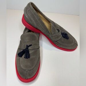 Thomas Dean Taupe Suede Loafers with Vibrant Red Soles Size 9
